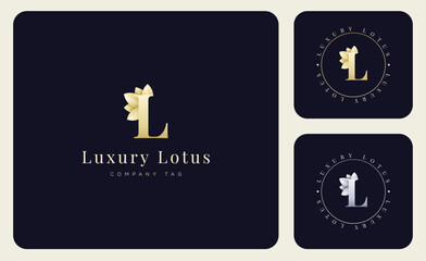 Logo Luxury Lotus Flower and  letter L, Minimalist Modern and Elegant with Gold and Silver Gradient Colourful.