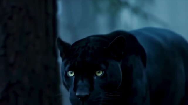 Close-up of a black panther in a misty forest