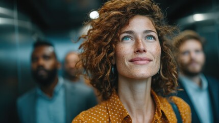 Diverse professionals exiting elevator in corporate office group portrait urban environment upbeat mood