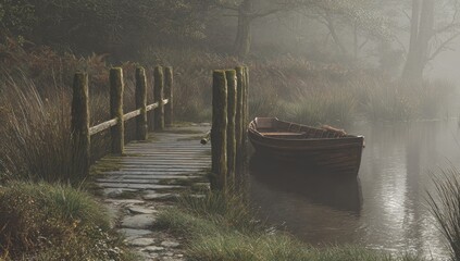 Misty lake scene with wooden boat and dock
