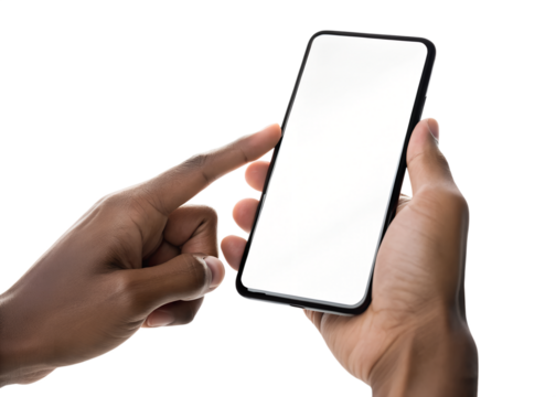 Close up of a person s hands holding and interacting with a modern smartphone with a blank white screen against a dark background