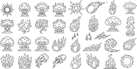  Set of fire flames and fire explosion line art vector illustration for coloring books, printing, video, clipart, and T-shirt design