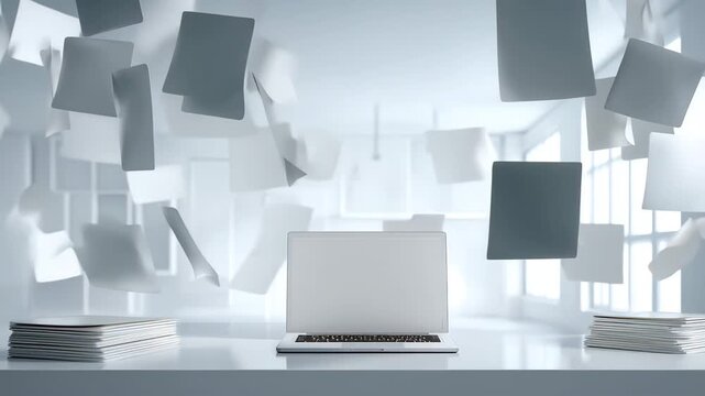 宙に浮かぶ書類とノートパソコン | デジタル化とビジネス効率化の象徴の動画