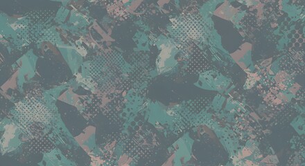 Abstract composition with overlapping shapes and textures in muted teal, brown, and gray tones