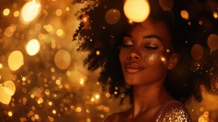 A woman with curly hair adorned in shimmering gold makeup, enjoying a moment of tranquility amidst a sparkling backdrop