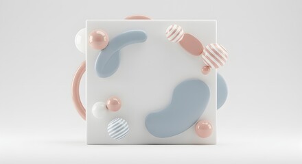 Abstract composition with soft, pastel-colored 3D shapes around a white square frame