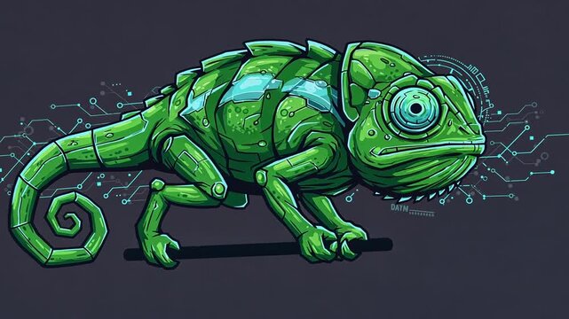 Chameleon with Circuit Board Pattern on Dark Background.