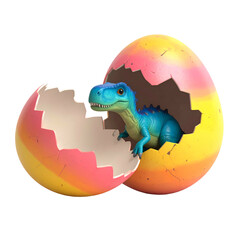 Baby dinosaur hatches from a colorful, cracked egg.