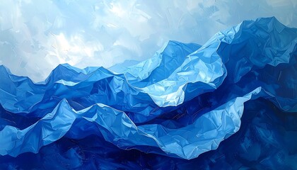 Obraz premium An abstract painting portrays undulating blue and light blue paper-like forms, resembling mountains