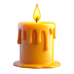 Brightly burning candle with melting wax drips on black.