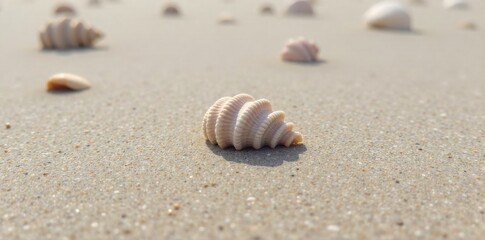 Seaside harmony Natural shells and smooth pebbles arranged artistically on sun drenched sand. Close up, top down view of a natural arrangement of various seashells and smooth, weathered pebbles