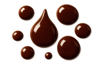Fototapeta premium Glossy dark melted chocolate splashes, drips, and small drops of brown sweet liquid. Food ingredient
