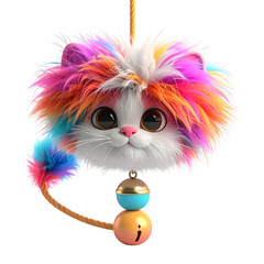 Fluffy toy cat with colorful fur and bell decoration hangs by a string.