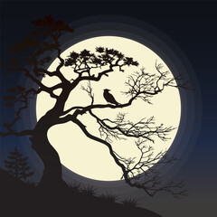 Lonely Crow on Bare Tree Under Moonlight &ndash; Spooky Night Silhouette Art
