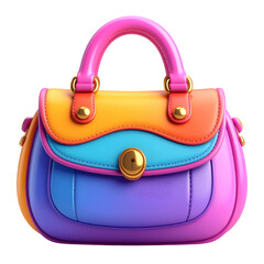 A colorful, rounded handbag with golden hardware and a pink handle.