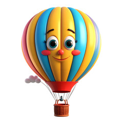 Cheerful cartoon hot air balloon with a smiling face floats in the sky.
