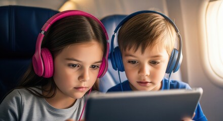Young girl and boy with colorful headphones watching a digital tablet on an airplane flight
