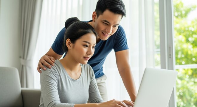 Young asian couple collaborating on laptop at home, planning finances or working remotely