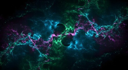 Abstract cosmic artwork depicts swirling colors and textures, with nebulae-like formations