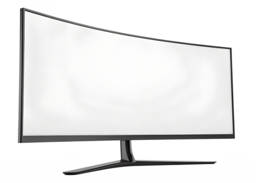 Modern curved widescreen computer monitor with a blank white screen on a black background