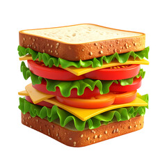 Tall layered sandwich with fresh lettuce, tomato, and cheese.