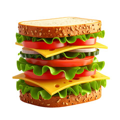 Tall sandwich with multiple layers of cheese, lettuce, and tomato slices.