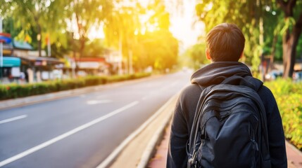 Fototapeta premium Urban wanderer navigating city streets with backpack exploring metropolitan landscape journey.