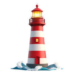 Red and white striped lighthouse with glowing light stands in rough seas.