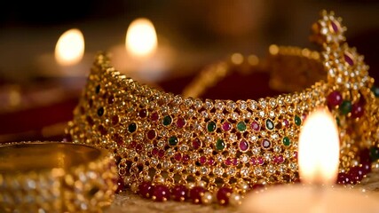 Exquisite Indian Bridal Gold Necklace with Gemstones and Lit Candles. - Powered by Adobe