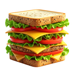 Tall sandwich with layers of cheese, lettuce, and tomatoes.