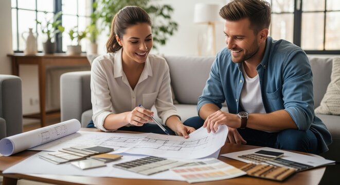 Smiling couple discussing home renovation plans, interior design, and material samples - Powered by Adobe