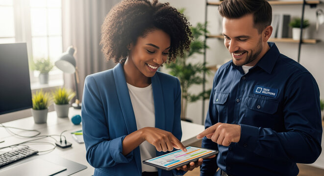 Smiling african american businesswoman and male IT technician reviewing data on digital tablet