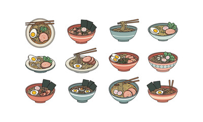 Japanese Ramen Bowls with Toppings – Food Illustration Set