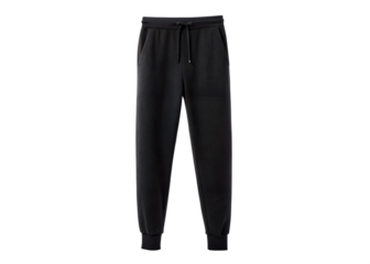A pair of plain black sweatpants with a drawstring waist presented against a stark black background for a clean studio shot