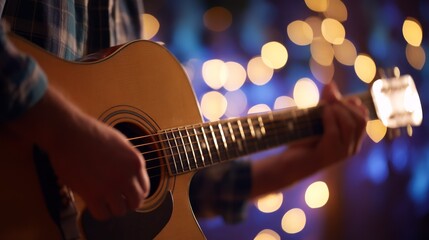 Naklejka premium Skilled musician playing acoustic guitar in cozy room crafting soothing music and relaxing melodies for practice or performance.