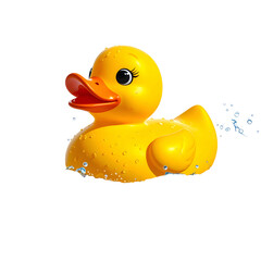 Yellow rubber ducky floats in water with splashes and droplets.