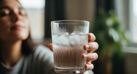 Woman hand holding a refreshing glass of cold water with ice and condensation