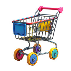 Colorful miniature shopping cart with shiny metal basket and bright wheels.