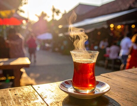 Hot Tea in a Clear Glass at Traditional Angkringan Yogyakarta During Sunset