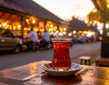 Hot Tea in a Clear Glass at Traditional Angkringan Yogyakarta During Sunset