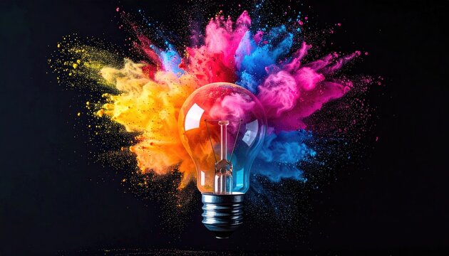 Bright light bulb explodes with vibrant colorful powder paint creating a creative idea concept against a dark black background with dramatic lighting and artistic splash effect