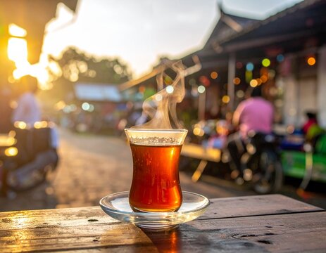 Hot Tea in a Clear Glass at Traditional Angkringan Yogyakarta During Sunset