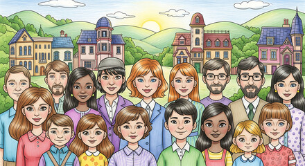 Diverse group of people of all ages and genders posing together in front of picturesque town buildings