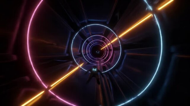 Abstract 3D Futuristic Neon Tunnel with Glowing Rings and Light Beams