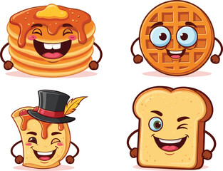 Funny pancake waffle toast crepe characters, cute breakfast food illustration, smiling cartoon meal vector art, adorable morning snack mascot design