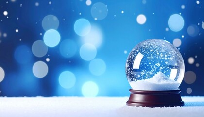 Wish concept with snowing and blue abstract bokeh background. Christmas snow globe in eve night.