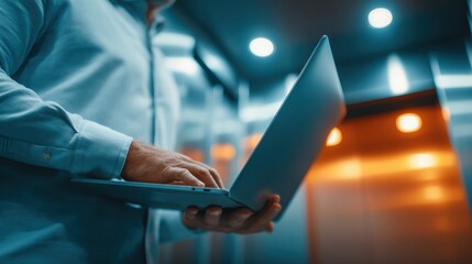 Business person using laptop in elevator modern office building indoor workspace vertical view technology integration