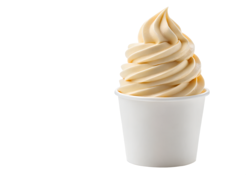 Delicious creamy soft serve ice cream swirl in a white paper cup isolated on a black background - Powered by Adobe