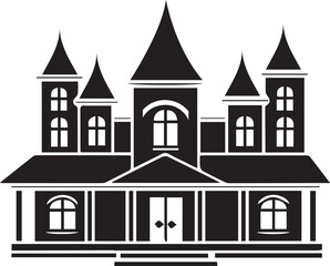 Fototapeta premium Silhouette of a spooky haunted mansion with multiple towers and windows on a white background