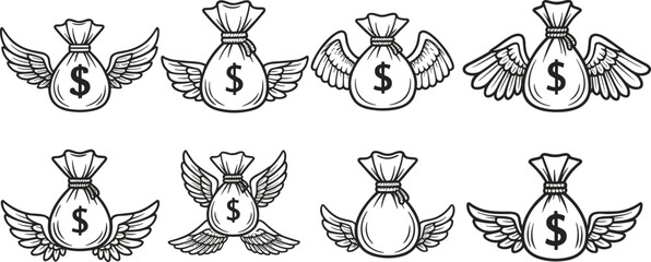 Hand Drawn Money Bag with Dollar Sign and Wings Illustration Set, Outlined Vector Art, Fast Cash Flow, Financial Freedom, Savings Flying Away Concept